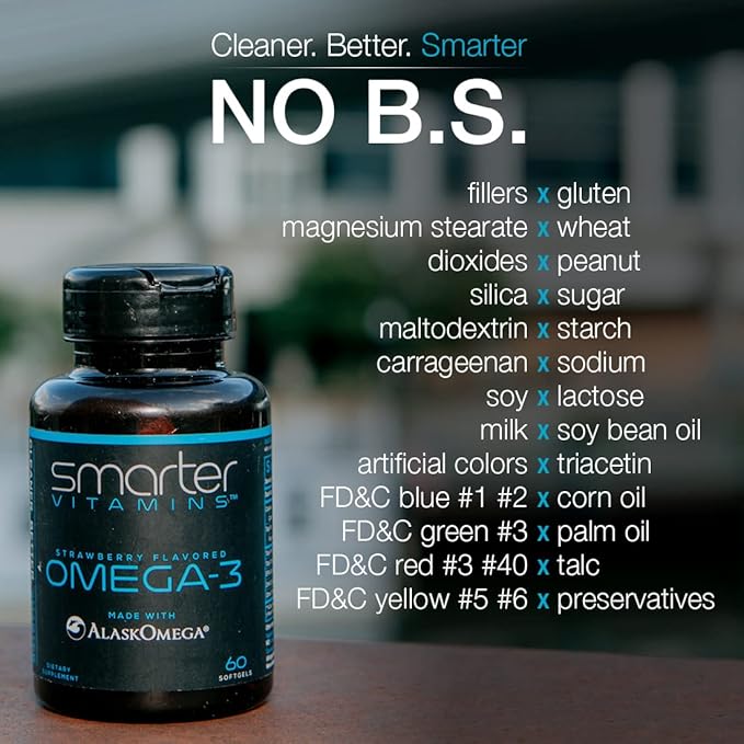 (3 Pack) Smarter Omega 3 Fish Oil, Berry Flavor, Burpless, Tasteless, 2000mg, DHA EPA Triple Strength Brain, Joint and Heart Support, Made with AlaskOmega®