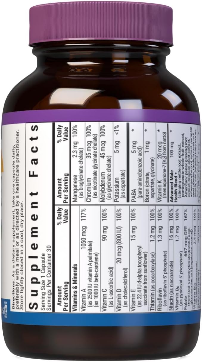 Bluebonnet Nutrition One for Men Whole Food-Based Multiple, Daily Nutrition*, Non-GMO, Vegetarian Friendly, Kosher, Gluten-Free, Soy-Free, Dairy-Free, Iron Free, 30 Vegetable Capsules, 30 Servings