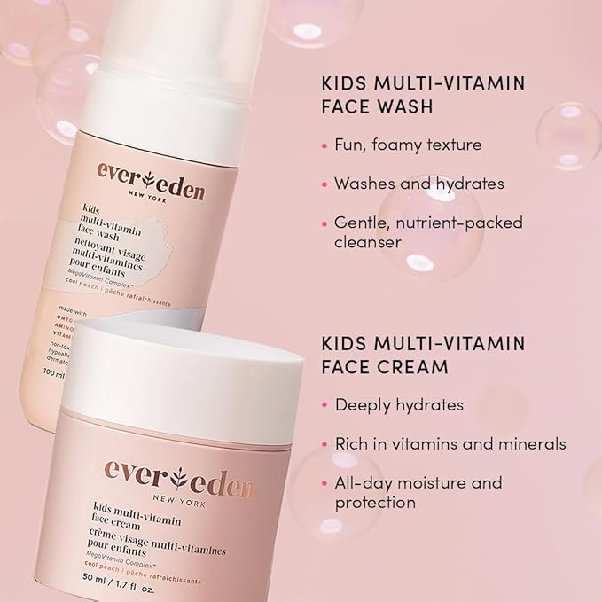 Evereden Kids Happy Face Duo (Cool Peach) - Multi-Vitamin Kids Face Wash & Kids Face Cream Set - Clean & Vegan Skin Care for Kids 3+ - Moisturizing, Nourishing, & Protective Kids Skin Care Set