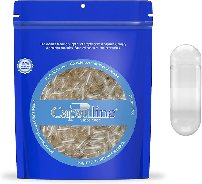 Capsuline Size 000 Empty Gelatin Capsules, Clear - 500 Count | Gluten Free, Kosher, Non-GMO Certified | Pure Bovine Pill Caps for DIY Supplement Filling