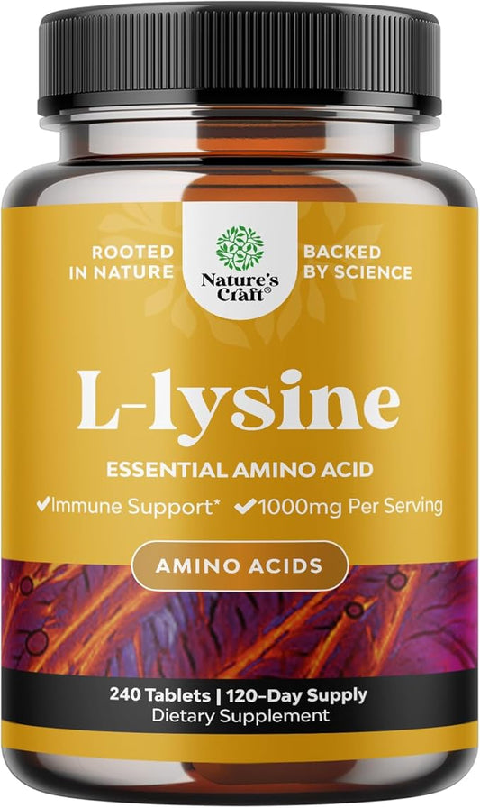 L Lysine 1000mg per serving Nutritional Supplements - L-lysine Essential Amino Acids for Eye Health Lip Care Bone Support Immune System Support Muscle Growth and Vegetarian Collagen - 240 Tablets
