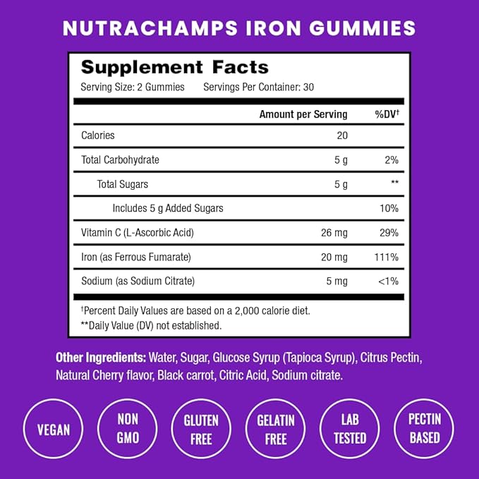 Iron Gummies with Vitamin C | 20mg Iron Gummies for Women, Men & Kids | Blood Cell Formation Support | 120 Gummies | Iron Gummy for Iron Deficiency & Anemia | Energy, Focus, Immune Boost (2 Pack)