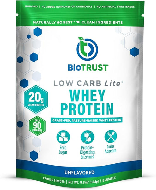 BioTrust Low Carb Lite, Low Calorie Protein Powder – Low Carb, Sugar Free, Low Sodium, Keto Protein Powder – 20g Grass-Fed Whey Protein Isolate with Digestive Enzymes – Unflavored, 14 Servings