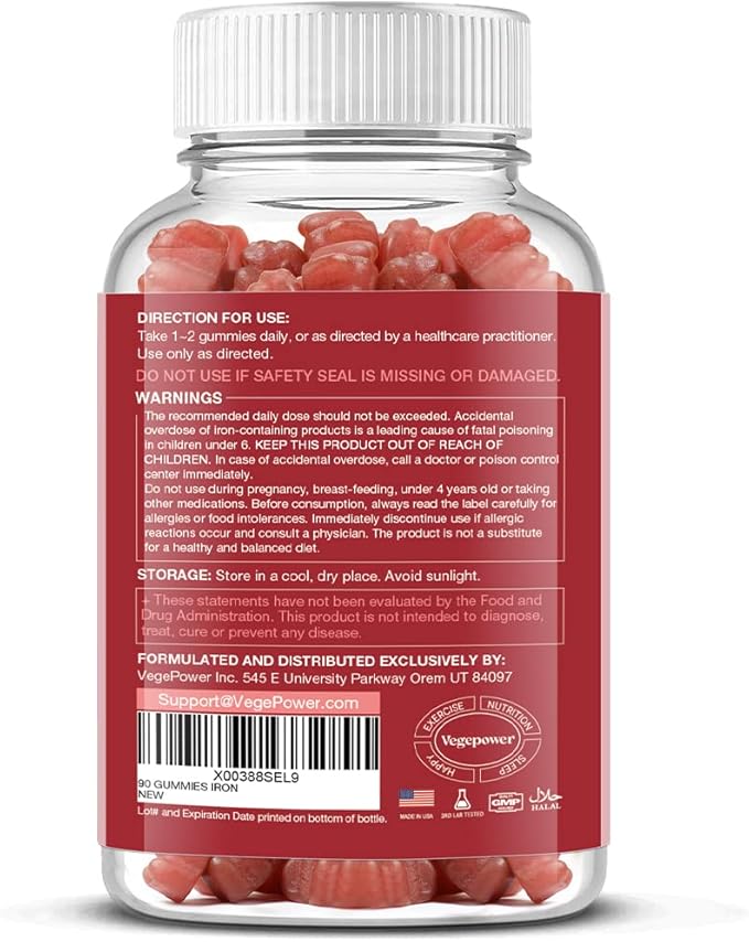 Iron Gummies Supplements for Women & Kids - Multivitamin with Iron for Blood Oxygen, Great Tasting Iron Gummy Vitamins with Vitamin C for Max Absorption - Vegan Iron Chewable, Peach Flavor(3 Packs)