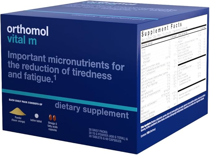 Orthomol Vital M Powder & Tablet Packet for Men, 30-Day Vitamin Supplement – Daily Energy, Fatigue Reduction & Vitality Support with Vitamins A, B, C, D, E, K, Omega-3 & Iodine