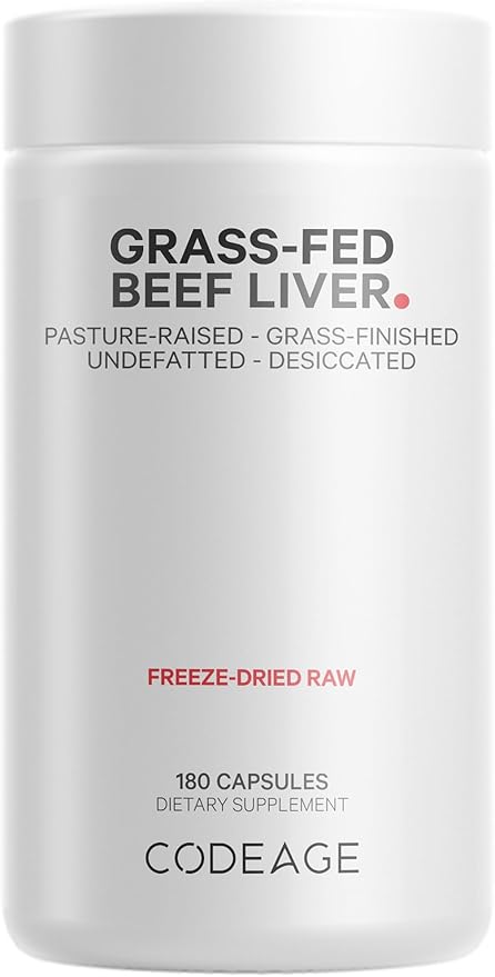 Codeage Grass Fed Beef Liver Supplement Superfood, Freeze Dried, Non-Defatted, Desiccated Beef Liver Glandulars Bovine Pills, Pasture Raised Beef Vitamins, Non-GMO Liver Meat, 180 Capsules
