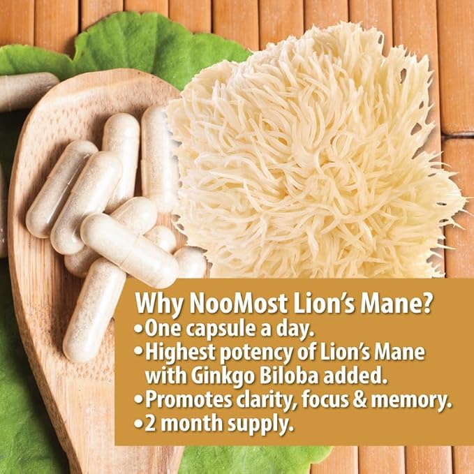 Organic Lions Mane Supplement Capsules 5400mg, Ginkgo Biloba 120mg – Vegan Lion Mane Mushroom Supplement for Cognitive Function, Mental Clarity, Focus & Memory – 2 Months