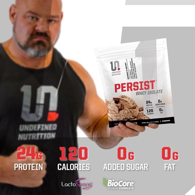 Undefined Nutrition Persist Whey Isolate by Brian Shaw - 24g Protein, 30 Servings – Supports Recovery, Strength & Performance - Gluten Free, Fast Absorbing (2.18lbs, Strawberries N' Cream)