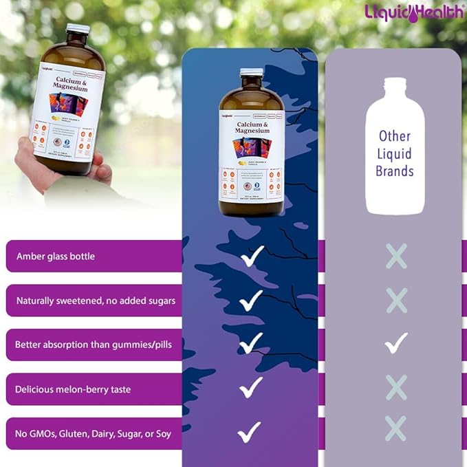 LIQUIDHEALTH Calcium & Magnesium Adult Liquid Vitamin Supplement - Bone, Joint, Muscle, Connective Tissue Support, Heart Health, Essential Nutrients - Great Taste, Vegan, Non GMO, Sugar-Free (32 oz)