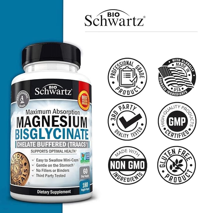 Magnesium Bisglycinate 100% Chelate No-Laxative Effect - Maximum Absorption Magnesium Supplement - Fully Reacted & Buffered for Energy Muscle Bone & Joint Support - Non-GMO Project Verified -180ct