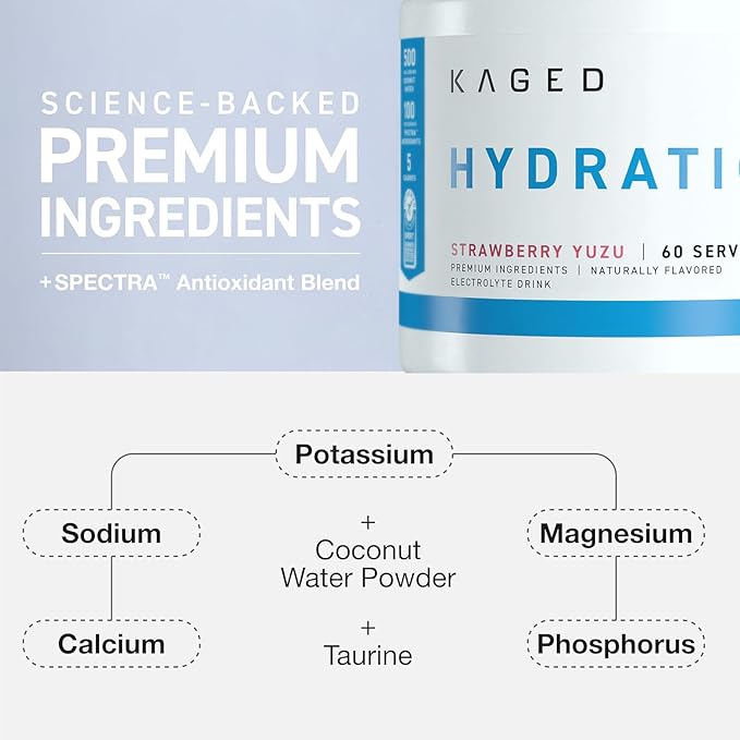 Kaged Electrolyte Hydration Powder | Hydracharge Strawberry Yuzu | Sports Drink for Men and Women | Pre, Post, Intra Workout Supplement | 60 Servings