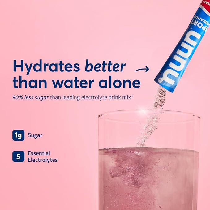 Nuun Sport Electrolyte Powder Packets - Pink Lemonade Flavor, 5 Essential Electrolytes for Hydration, Easy Open Drink Mix with Magnesium, 1g Sugar, Non GMO, Vegan, 16 Single Serving Sticks