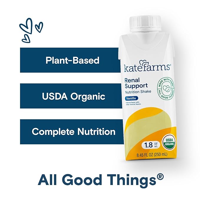 KATE FARMS Organic Plant Based 1.8 Renal Support Shake, Vanilla, 20g Protein, 27 Vitamins and Minerals, Specialized Dialysis Nutrition Support, Gluten Free and Non-GMO 8.45 oz (6 Pack)