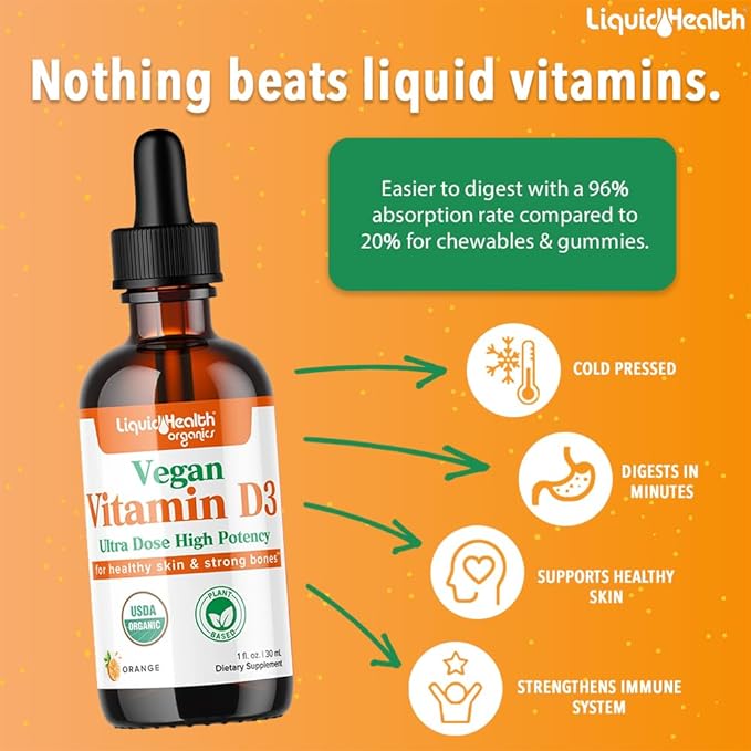 LIQUIDHEALTH Liquid Vitamin D3 5000 IU, Organic Vitamin D Liquid Drops, Adults & Kids, Vegan Liquid Vitamin D for Immune Support, Bone Health, Mood Support