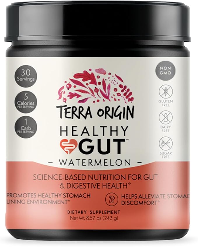 TERRA ORIGIN Healthy Gut Watermelon | 30-Servings with L-Glutamine, Zinc, Glucosamine, Slippery Elm Bark, Marshmallow Root and More!
