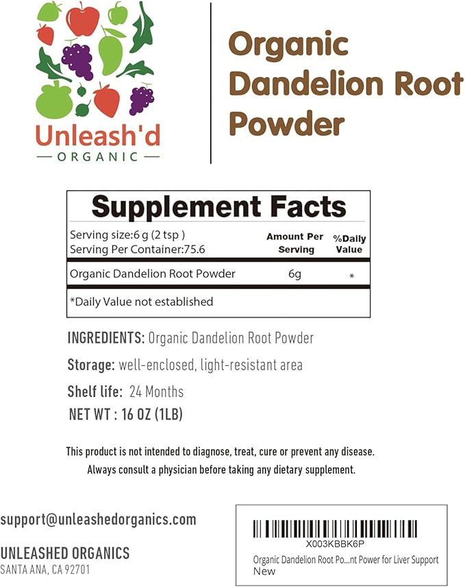 UNLEASH'D ORGANIC Organic Dandelion Root Powder 2-Pack for Tea and Beverages Vegan Friendly Detoxifies and Supports Digestive Health