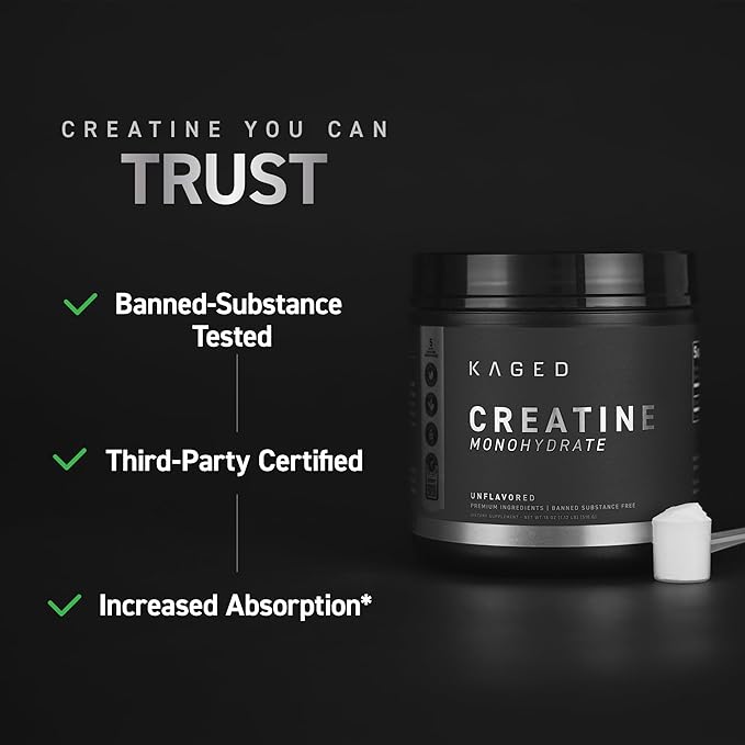 Kaged Creatine Monohydrate Micronized Powder | 100 Servings | Unflavored | Muscle Recovery and Growth Supplement for Men & Women | Vegan | Easily Digestible | Gluten Free | Keto Friendly