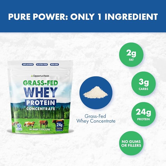 Grass Fed Whey Protein Powder Concentrate - Unflavored & Unsweetened - Pure Protein Supplement for Drink, Smoothie, Shake, Cooking & Baking - Non GMO, Hormone Free & Gluten Free - 2.5 Pound
