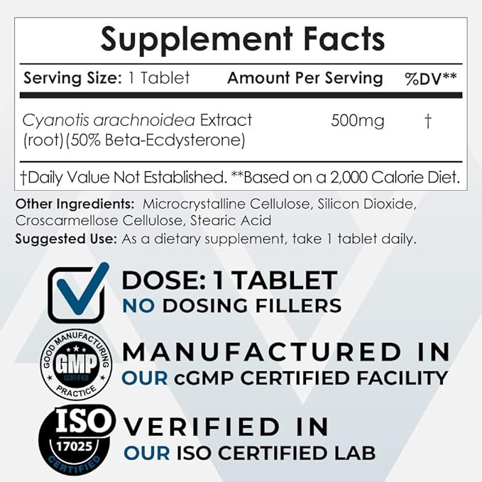 Nootropics Depot Beta Ecdysterone/20-Hydroxyecdysone 50% Tablets | 500mg | Cyanotis Arachnoidea Extract | Phytoecdysteroid | 30 Count
