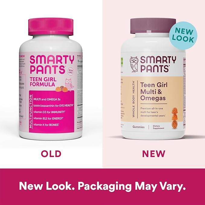 SmartyPants Teen Girl Multivitamin Gummies: Omega 3 Fish Oil (EPA/DHA), Vitamin D3, C, Vitamin B12, B6, Vitamin A, K & Zinc, Gluten Free, Three Fruit Flavors, 120 Count (30 Day Supply) (Pack of 2)