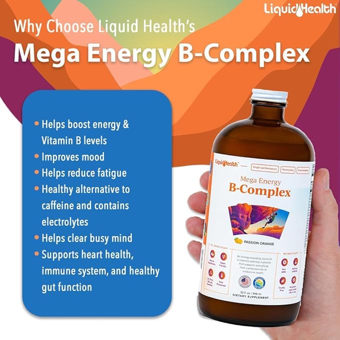 LIQUIDHEALTH Mega Energy Methylated B-Complex, Adult Liquid Vitamin Supplement - Increase Energy, Relieve Stress & Fatigue, Immune System Support, Heart & Gut Health - Vegan, Sugar-Free (32 oz)