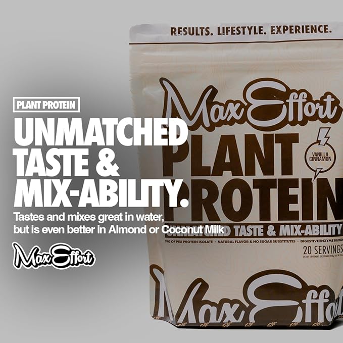 MAX EFFORT Plant Protein Powder, 17 G Pea Protein, Plant Based, Gluten Free, Low Carb, Protein Shake or Smoothie Mix, Meal Replacement, No Whey, No Sugar Substitutes, Vanilla Cinnamon, 20 Srvg