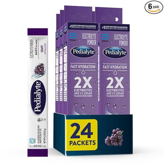 Pedialyte Fast Hydration Electrolyte Powder Packets, Grape, Hydration Drink, 24 Single-Serving Powder Packets