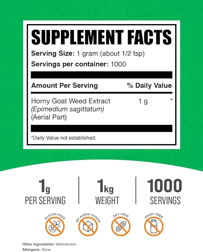BulkSupplements.com Horny Goat Weed Extract - Epimedium Extract, Horny Goat Weed Herbal Supplements, Horny Goat Weed Powder- Gluten Free, 1000mg per Serving, 1kg (2.2 lbs) (Pack of 1)