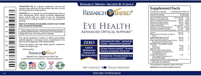 Research Verified Eye Health - Nourish and Protect Eyes and Vision, Support Healthy Retina, Improve Blood Supply to Eyes - Vitamins A, B, C, and E - 180 Capsules - 3 Month Supply - Made in The USA