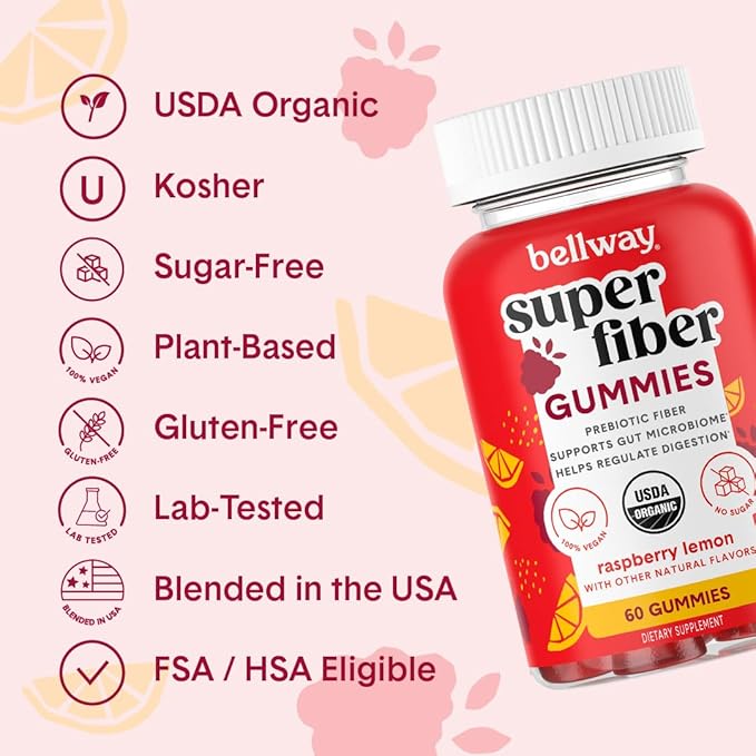 Bellway Super Fiber Gummies for Adults (5 Pack) - Sugar Free Organic Fiber Supplement Gummies with 4g of Fiber per Serving - Prebiotic Chicory Root Fiber for Gut Health, Raspberry Lemon, 300 Count