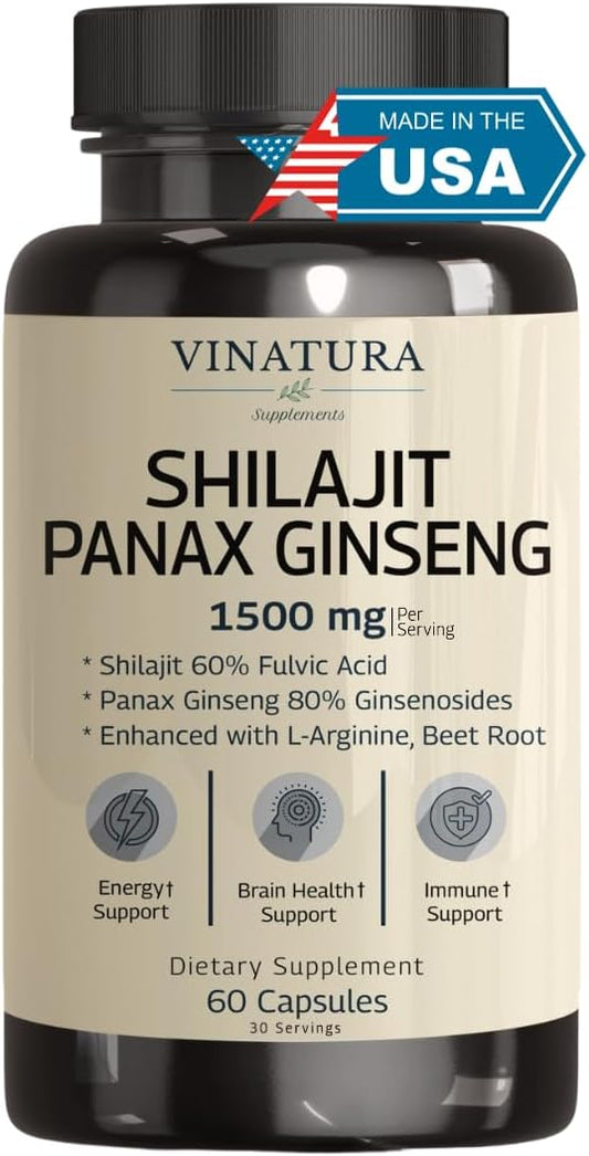 Shilajit Pure Himalayan Capsules (60% Fulvic Acid) - 1500mg with Panax Ginseng, Shilajit Supplement per Serving - High in Trace Minerals *USA Made & Tested* Immune Support