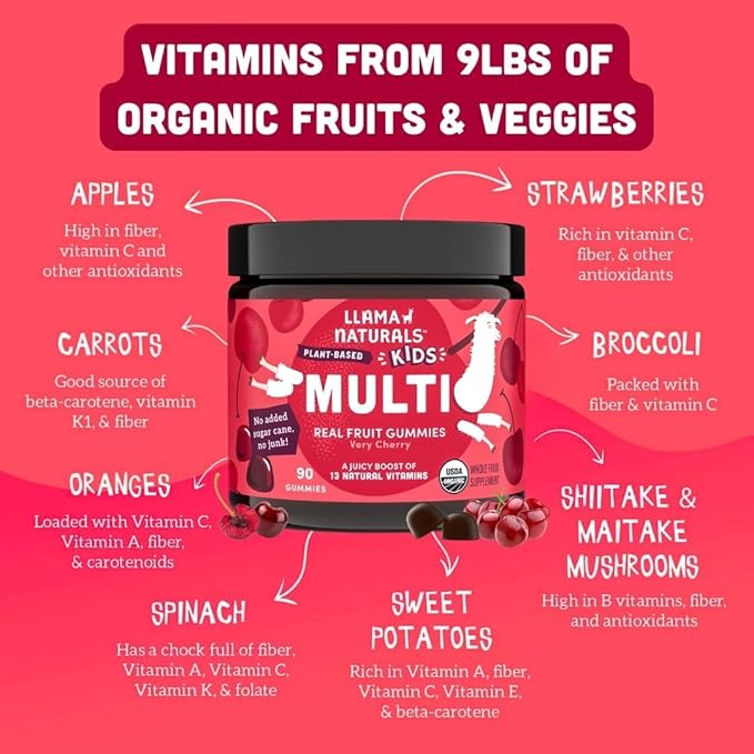 Llama Naturals Real Fruit Gummy Vitamins for Kids, No Added Sugar Cane or Sweeteners, Whole Food Multivitamin, Vegan Toddler Gummies, Plant Based, Organic, Chewable 90 ct (30-60 Days) Cherry