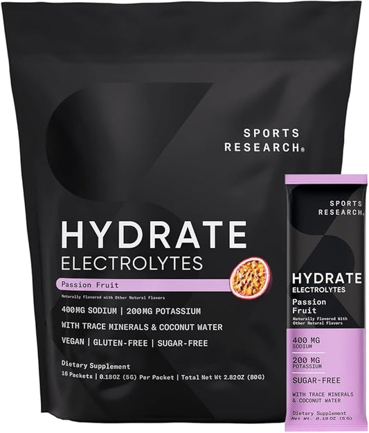 Sports Research Hydrate Electrolytes Powder Packets - Sugar-Free & Naturally Flavored with Vitamins, Minerals, and Coconut Water - Supports Hydration - 16 Packets - Passion Fruit