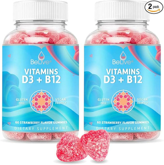 BeLive Vitamin D3 Gummies with B12 Vitamins - Immune Support Gummies with Vegan Vitamin B12 & D3, Provides Enhanced Bone & Muscle Strength, Hearth Health and Energy - Strawberry Flavor | 2-Pack