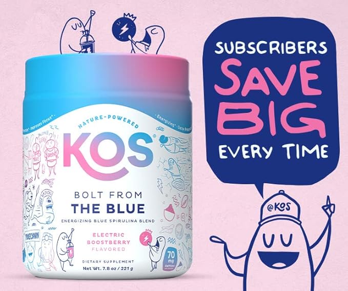 KOS Energizing Blue Spirulina Blend - USDA Certified Organic - B Vitamins, Ashwagandha, Ginseng, Adaptogens, Biotin - Vegan Pre Workout Powder - Caffeinated, Berry Flavored, 28 Servings