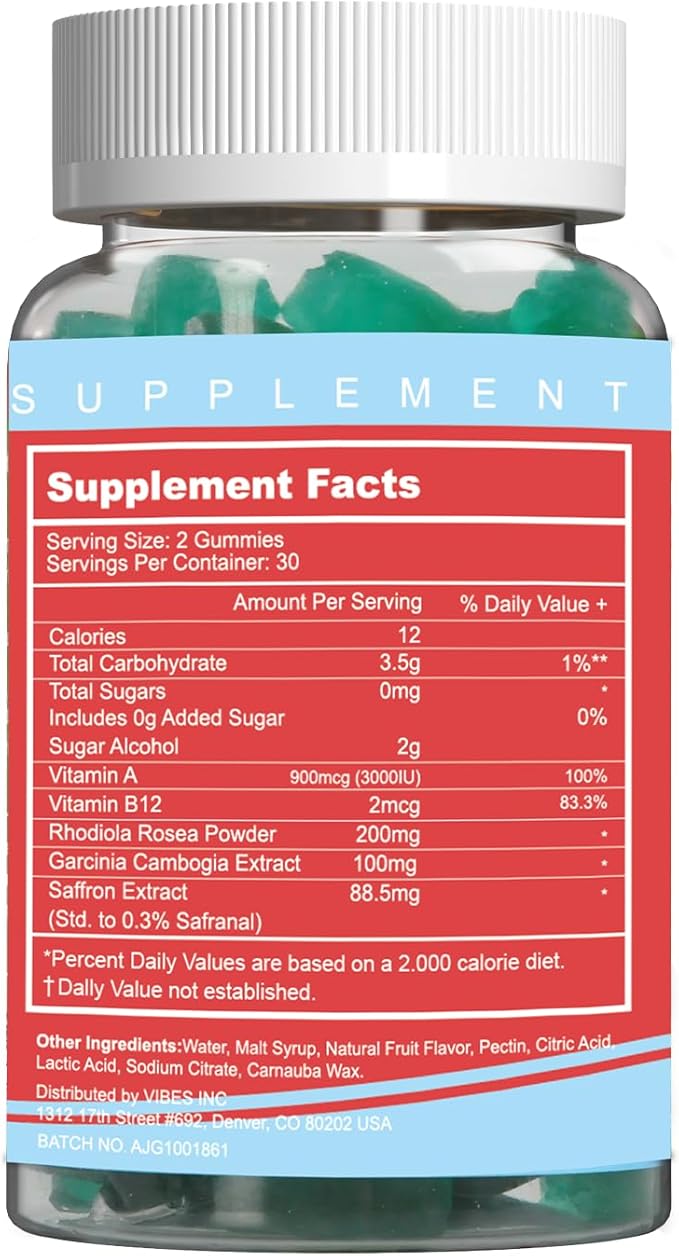 Saffron Supplements Gummies, Saffron Extract for Positive Mood & Calm Nerve, Boost Energy, with Garcinia Cambogia, Vitamin A, B12, Rhodiola Rosea - 120 Gummies