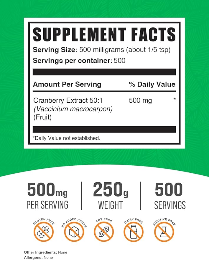 BulkSupplements.com Cranberry Extract Powder - Cranberry Supplements for Women & Men, Cranberry Extract 500mg - Vegan & Gluten Free, 500mg per Serving, 250g (8.8 oz) (Pack of 1)