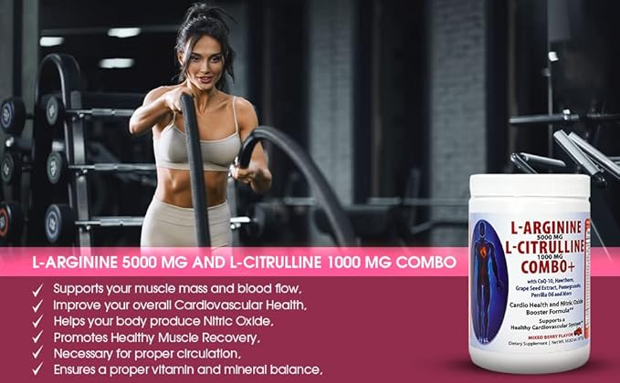 L-arginine 5000 mg and L-citrulline 1000 mg Combo, Nitric Oxide Supplement Complex, Cardio Heart Health Powder, Mixed Berry Flavor, 16.82 Oz..
