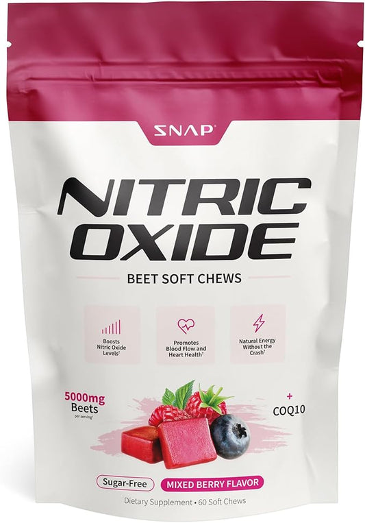 Snap Supplements Nitric Oxide Beet Chews, Nitric Oxide Booster, Natural Energy, Organic Beetroot Powder and COQ10, Support Healthy Blood Flow and Blood Circulation, Sugar-Free, 60 Soft Chews