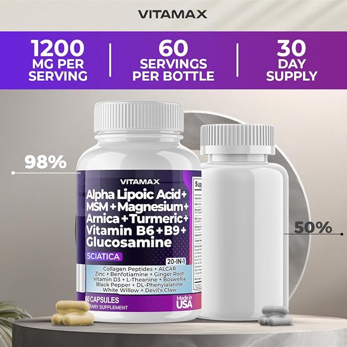Sciatic Nerve Health Support - Sciatic Nerve Supplement Capsules with Folic Acid, Pea, Glucosamine, MSM, Vitamin B Complex, Alpha Lipoic Acid 300mg – 60ct – Made in USA