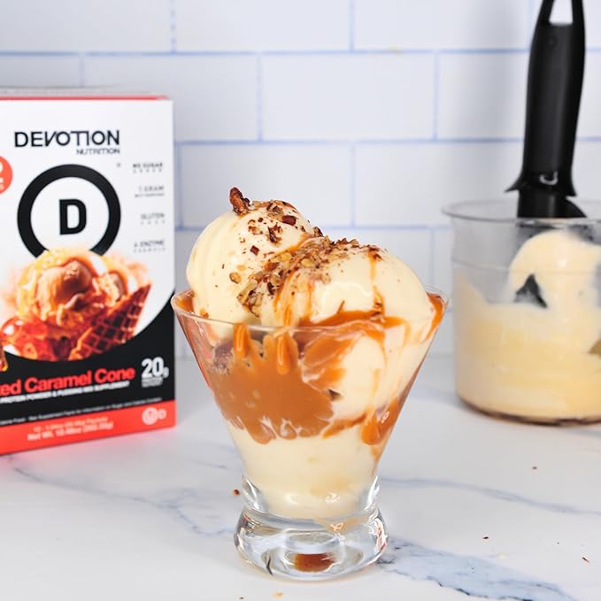 Devotion Nutrition Protein Powder Blend | Gluten Free, Keto Friendly, No Added Sugars | 1g MCT | 20g Whey & Micellar Protein | 12 Count Packets (Salted Caramel Cone)