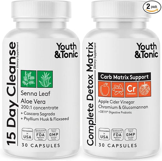 Youth & Tonic 15 Day Cleanse & Carb Matrix Support for Bloating, Gut & Metabolism Health, Break The Plateau, Feel Lighter & Energized, Colon Cleanser & Detox with ACV, Glucomannan, Chromium, 60 Pills
