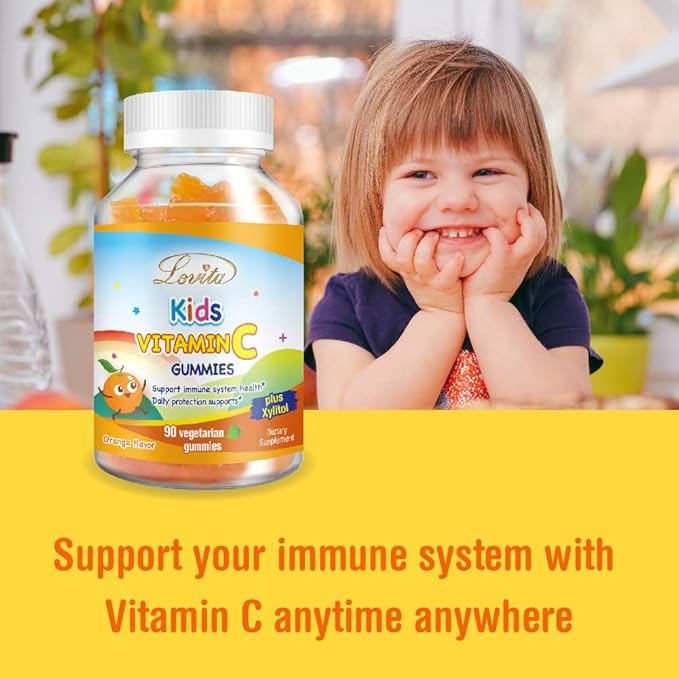 Lovita Vegan Vitamin C Gummies for Kids, Great Tasting Plant-Based Formula, Immune Function Support with Vitamin C 150mg per Daily Servings & Xylitol, Natural Orange Flavored, 90 Gummies