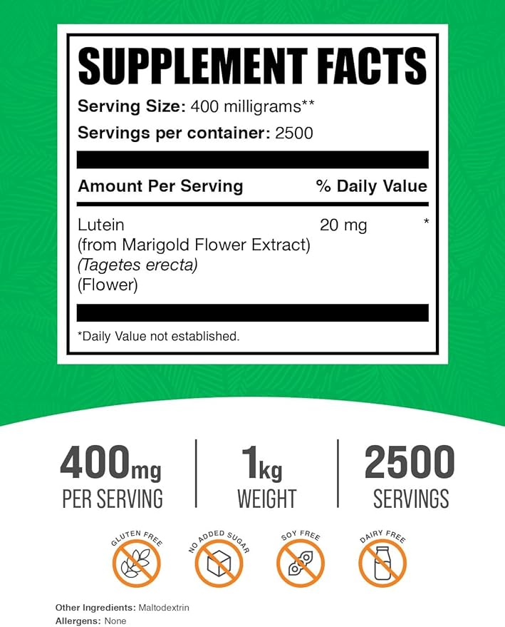 BulkSupplements.com Lutein Powder - from Marigold Flower Extract, Lutein Supplement, Lutein 20mg - Antioxidant Source, Gluten Free, 400mg per Serving, 1kg (2.2 lbs) (Pack of 1)