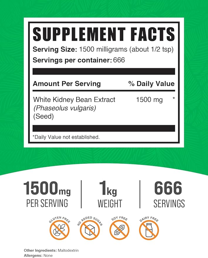 BulkSupplements.com White Kidney Bean Extract Powder - White Kidney Bean Powder, Herbal Supplement - Gluten Free, 1500mg per Serving, 1kg (2.2 lbs) (Pack of 1)