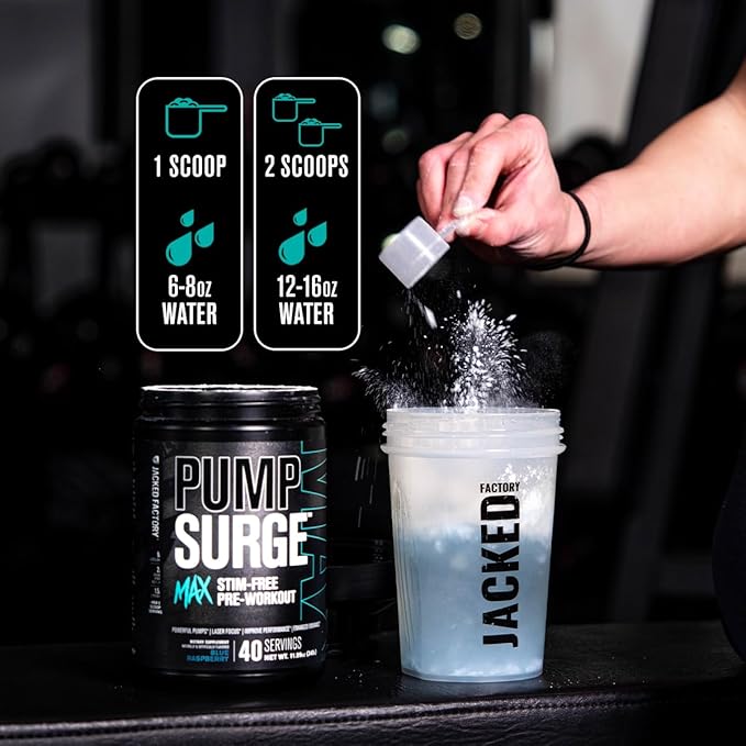 Jacked Factory Pumpsurge Max Stim Free Pre Workout - High-Performance Caffeine Free Pre Workout with L-Citrulline, N03-T Arginine Nitrate & Glutathione - 40 Servings, Blue Raspberry