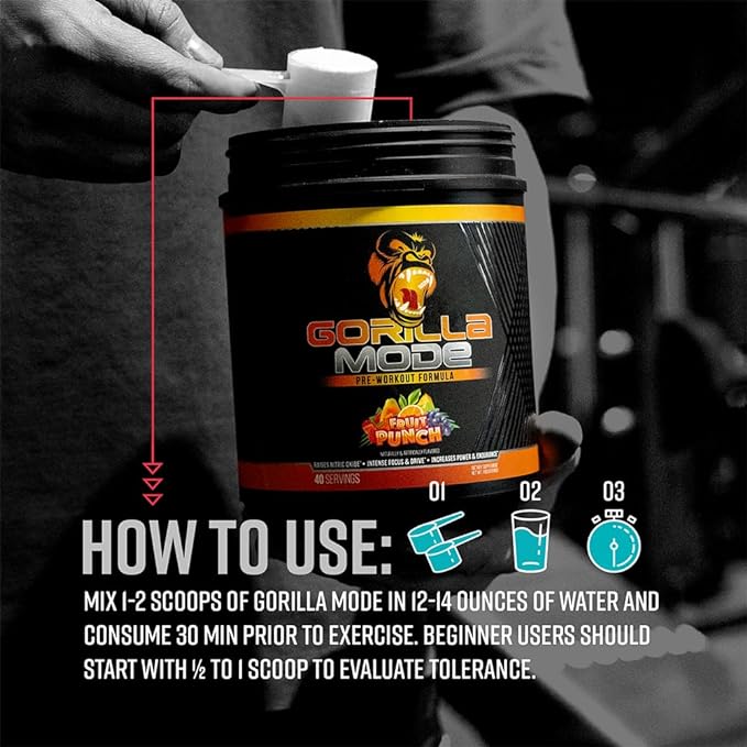 Gorilla Mode Pre Workout - Massive Pumps · Laser Focus · Energy · Power - L-Citrulline, Creatine, L-Tyrosine, Betaine, Hydroprime®, Alpha-GPC, 400mg Caffeine, Huperzine A - 836g (Jungle Juice)