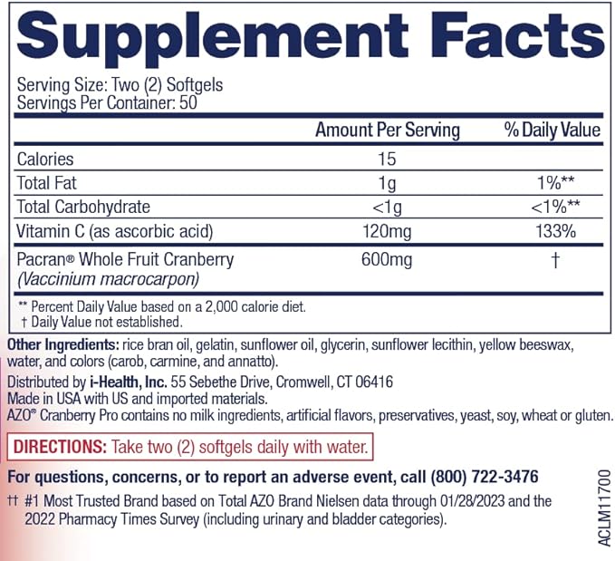 AZO Cranberry Pro Urinary Tract Health Supplement 600mg PACRAN, 1 Serving : More Than 1 Glass of Cranberry Juice, Sugar Free Cranberry Pills, Non-GMO 100 Softgels (Pack of 2)