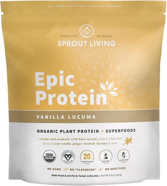 Sprout Living Epic Protein, Plant Based Protein & Superfoods Powder, Vanilla Lucuma Powder | 20 Grams Organic Protein Powder, Vegan, Non Dairy, Non-GMO, Gluten Free, Low Sugar (5 Pound, 60 Servings)