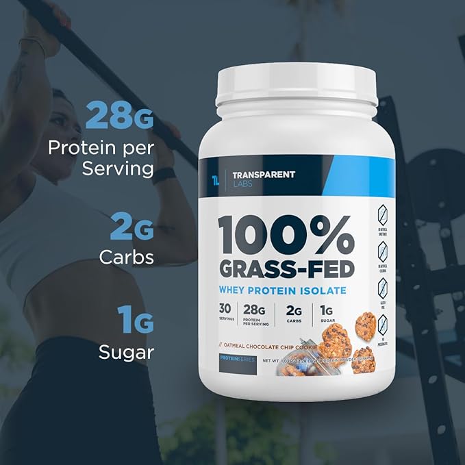 Transparent Labs Grass-Fed Whey Protein Isolate - Natural Flavor, Gluten Free Whey Protein Powder w/ 28g of Protein per Serving & 9 Essential Amino Acids - 30 Servings, Oatmeal Chocolate Chip Cookie